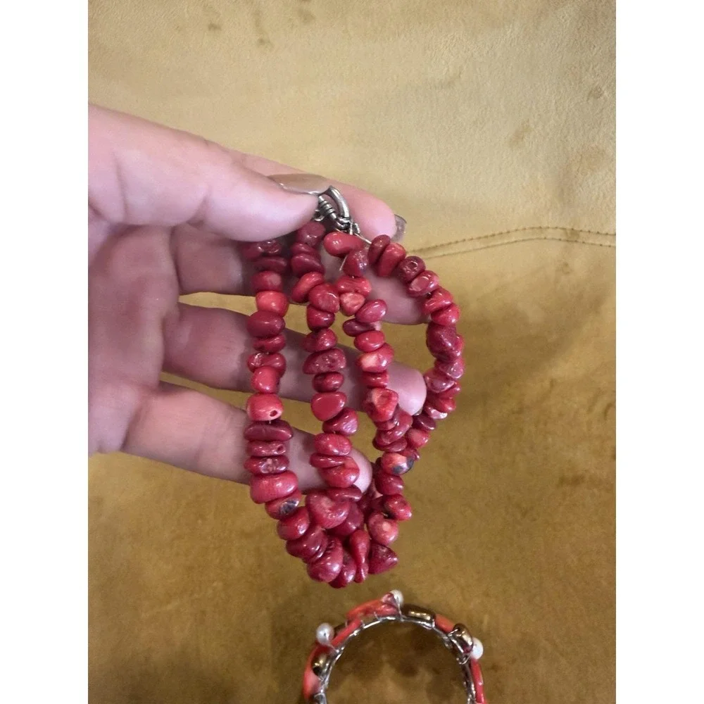 Red Coral Look Chip Bracelet 2 Strand Chunky Boho Statement Toggle Clasp